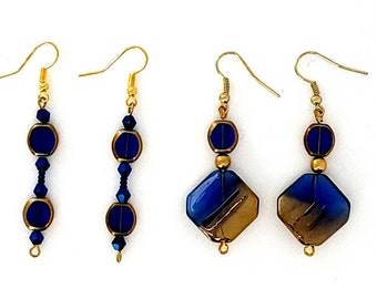Blue and Gold Square or Oval Dangle Pierced Earrings