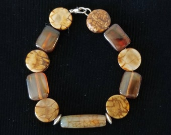 Brown Stone Glass and Silver Bead Bracelet