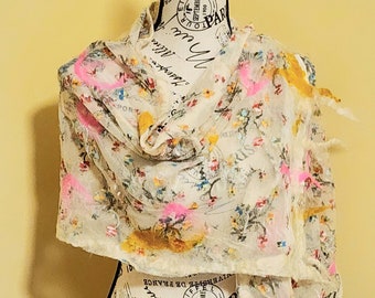 Nuno Felted Cream Embroidered Net Scarf or Summer Wrap