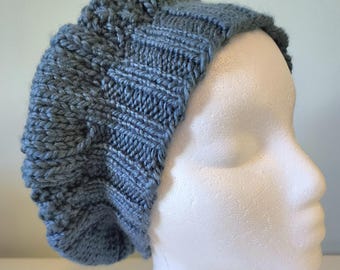 Hand Knit Blue Acrylic and Wool Cable Tam Beret Slouch Hat