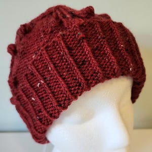 Hand Knit Wine Red Bobble Pattern Hat Unisex Gift Donegal Tweed