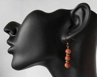 Goldstone and Copper Bead Pierced Dangle Earrings