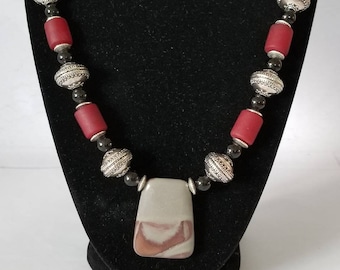 Red Black and Silver Bead Statement Necklace