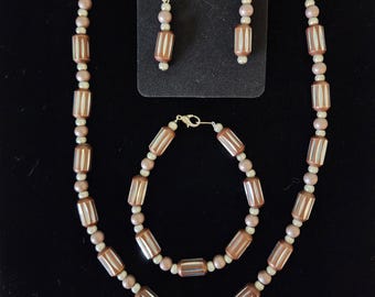 Brown and Silver Bead Necklace, Bracelet, & Earrings Jewelry Set Hand Strung Handmade