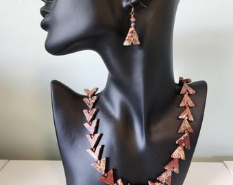 Brecciated Jasper Bead Necklace & Earrings Jewelry Set Handmade Hand Strung