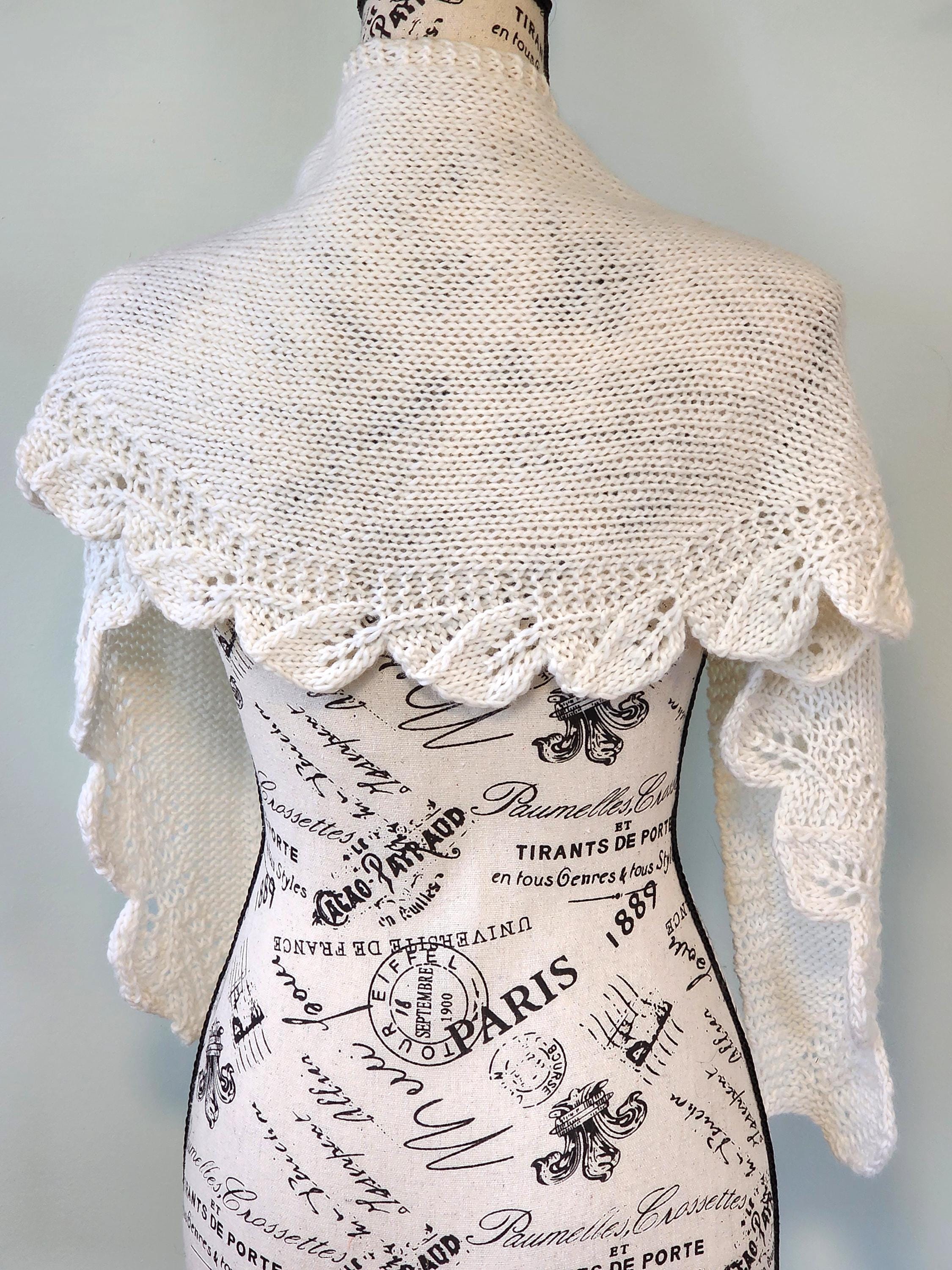 Hand Knit Leaf Bordered Wool Shawlette Shoulderette Scarf Color Choice White or Green