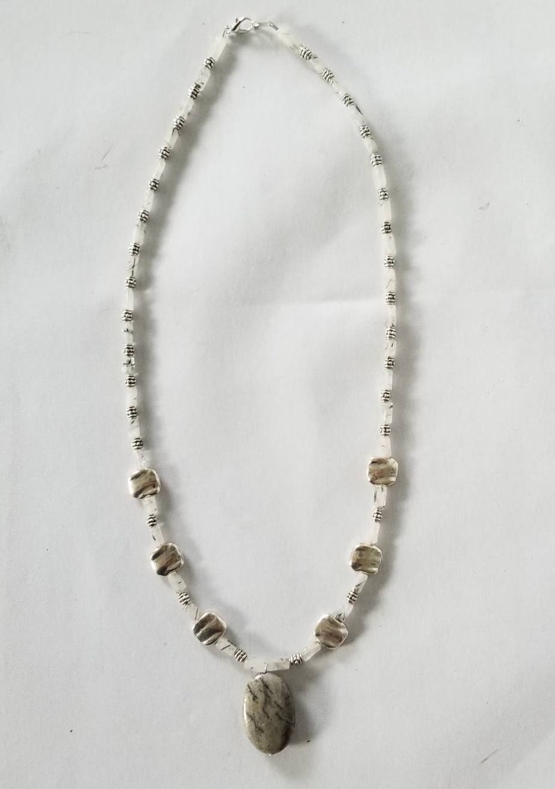 Gray Stone and Silver Bead Pendant Necklace