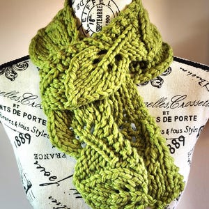 Könnte beinhalten: Ein grob gestrickter Schal in einem hellen Grünton. Der Schal hat ein Zopfmuster und wird auf einer Schaufensterpuppe präsentiert. Der Schal ist aus dickem Garn gefertigt und eignet sich perfekt zum Warmhalten. Ca. 150 cm lang.