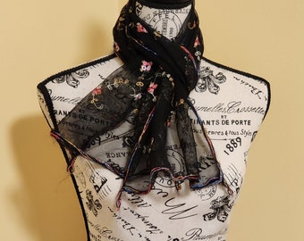 Needle Felted Black Embroidered Net Scarf or Summer Wrap