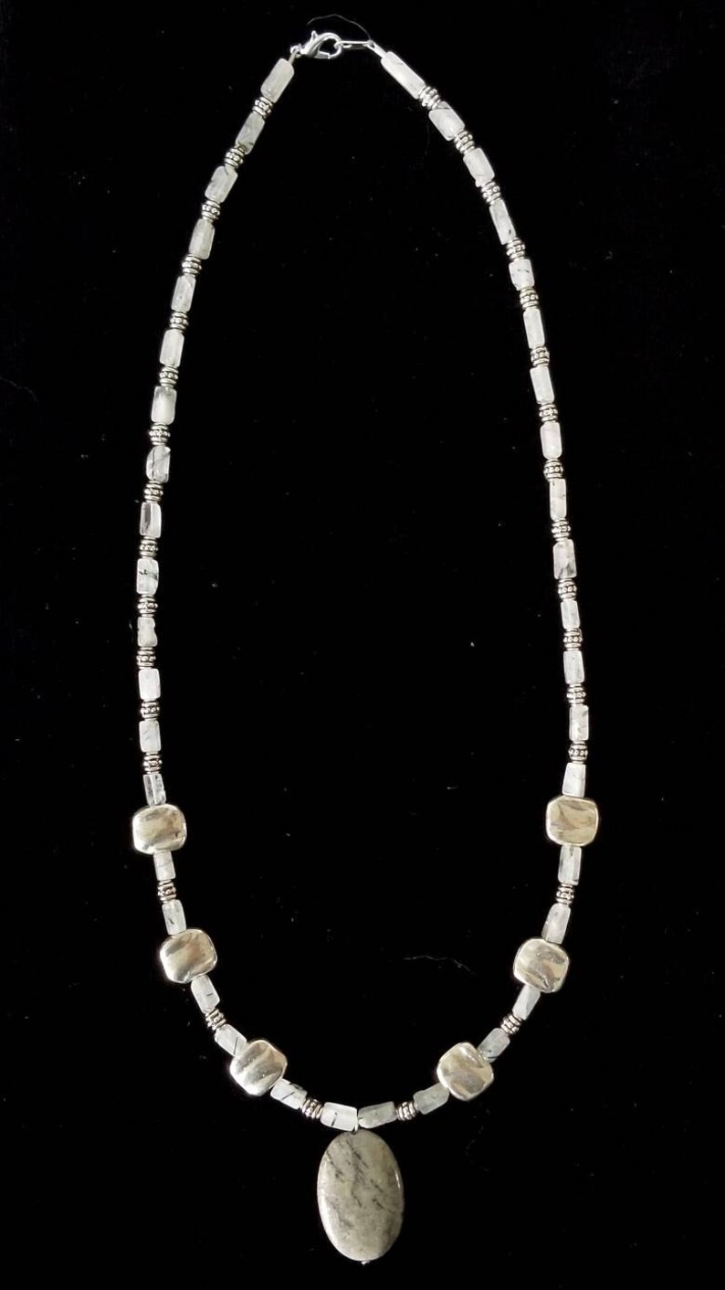 Gray Stone and Silver Bead Pendant Necklace