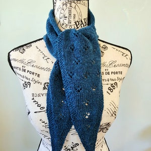 Hand Knit Teal Blue Lace Pattern Wool Scarf Gift