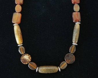 Brown Stone Glass and Silver Bead Necklace