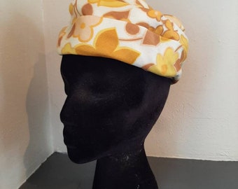 Vintage 1960"s pillbox style formal hat floral print yellow, rust, white ladies womans hat