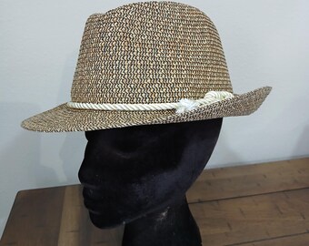 Jute look tan and black fedora hat for man or woman