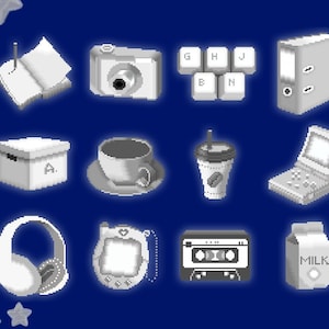 Puede incluir: Un conjunto de 12 iconos de computadora en blanco y negro para Windows y Mac OS. Los iconos incluyen un cuaderno, una cámara, un teclado, una carpeta, una caja, una taza de café, una bebida, un dispositivo de mano, auriculares, un juguete, una cinta de casete y un cartón de leche.