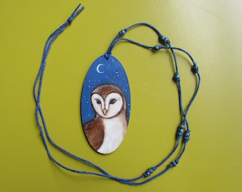 original oil painting on wood beaded necklace barn owl wearable art