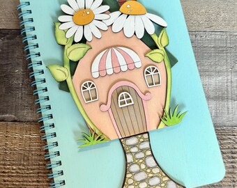 Whimsical Cottage Wood Journal, Fairy House Notebook, Cottagecore Gift, Floral Journal, Garden Lover Gift