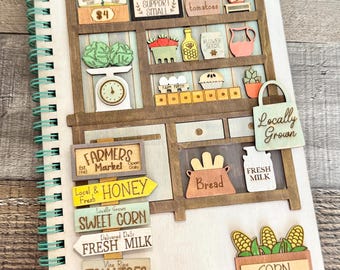 Farmers Market Wooden Notebook | Rustic Farmhouse Junk Journal | Homestead Gift | Cottagecore Journal | Garden Lover Gift