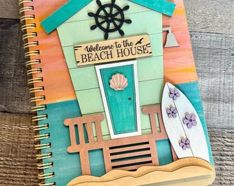 Beach House Wood Journal, Coastal Notebook, Beach Lover Gift, Ocean Beach Vacation Notebook