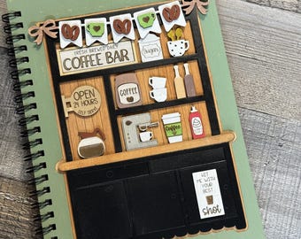 Coffee Bar Wooden Notebook/Journal - Hand Painted Handmade Gift - Junk Journal