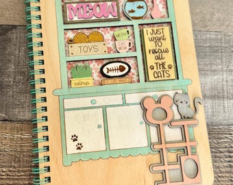 Cat Lover Wooden Notebook | Hand Painted Cat Junk Journal | Pet Lover Gift | Cute Cat Notebook