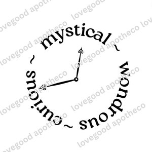 May include: A black and white clock face with the words "mystical" and "sno.urious" written around the edge. The hands of the clock are pointing to the 12 and the 3.