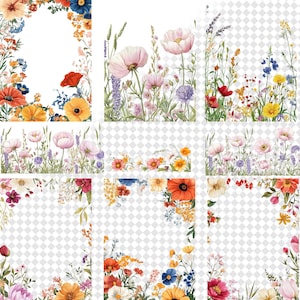 May include: A collection of digital illustrations featuring various arrangements of wildflowers in shades of red, orange, yellow, pink, purple, and blue, displayed in rectangular frames and horizontal borders against a transparent background.