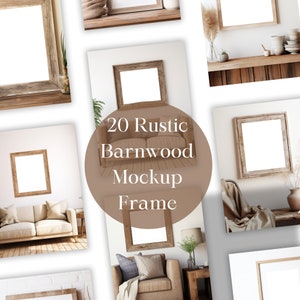 Puede incluir: Una colección de 20 marcos de fotos rústicos de madera de granero en varios tamaños y estilos. Los marcos se muestran en una variedad de entornos interiores, incluyendo una sala de estar, un dormitorio y una cocina. Los marcos están hechos de madera recuperada y tienen un acabado natural y desgastado.  20 Marcos de maqueta rústicos de madera de granero
