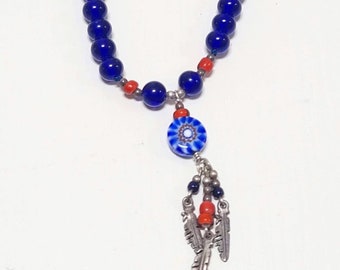 Vintage 90s Sterling Silver & Blue Glass Beaded Necklace