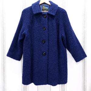 VINTAGE 60s Wool Coat Womens Large Royal Blue Boucle Mod Squad Twee Jackie O
