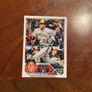 Carta autografata di Christian Yelich, Topps Holiday Baseball Card, Milwaukee Brewers, firmata a mano, senza certificato di autenticità.