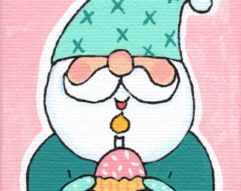 ORIGINAL Mini Canvas Painting, Happy Birthday Gnome With Cupcake, Cute Gnome Mini Painting Whimsical Folk Art, Small Painting PholkartStudio