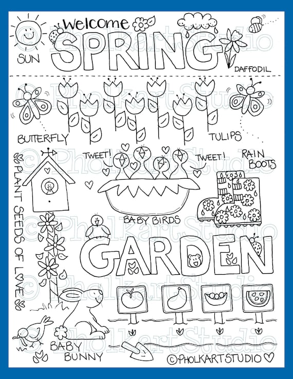Welcome Spring Kids Coloring Page, Cute Coloring for Children, Hand Drawn,  Baby Birds, Bunny, Flowers, Garden, Butterflies, Pholkartstudio - Etsy