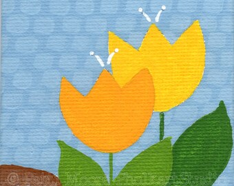 ORIGINAL Mini Canvas Painting Spring Tulips Cute Whimsical Folk Art Tiny Painting Small Art Yellow Orange Flowers 3x3 inch PholkartStudio