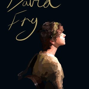 Puede incluir: Retrato de arte digital de una persona de perfil, con una corona de hojas, con el nombre "David Fry" en escritura dorada. La obra de arte tiene un fondo azul oscuro y está firmada "Rusty".