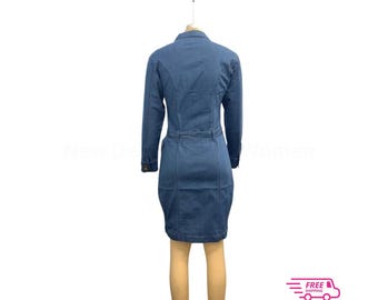 Denim Pencil Dress: Elegant Slim Fit Midi with Lapel