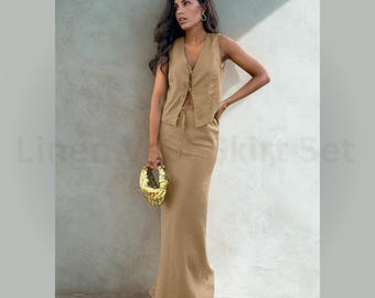 Linen Vest Skirt Set: Sleeveless Summer Office Outfit