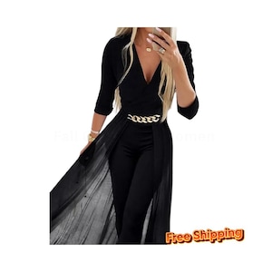 May include: Black jumpsuit with a sheer overlay and a gold chain belt. The outfit has a V-neck and three-quarter length sleeves. The words "Free Shipping" are visible in the image.