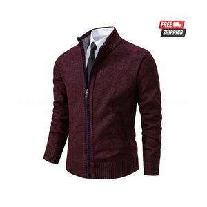May include: A burgundy zip-up sweater with a high collar. The sweater has a textured knit pattern and a full-length zipper. The model is wearing a white dress shirt and a black tie underneath the sweater.