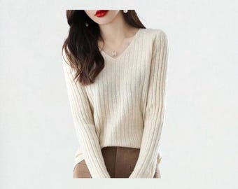 Women's V-Neck Knitted Sweater Long Sleeve Autumn Winter Basic Pullover Top for Casual And Office Wear