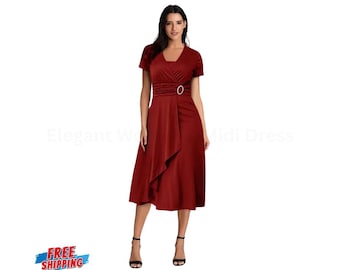 Elegant Midi Dress: V-Neck, Asymmetric Hem - Party Evening Vestidos