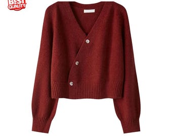 Autumn Winter Skew Button Cardigan V-neck Sweater Women Knitted Long Sleeve Tops Loose Solid Warm Soft Cashmere Knitwear Fashion