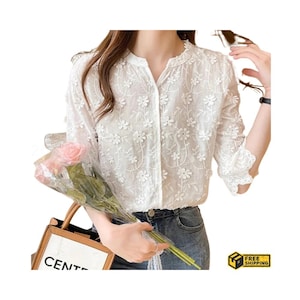 Women’s Cotton Lace Blouse, Short Sleeve White Embroidered Shirt Summer Casual Tops Fashion Elegant Floral Ladies Blouses