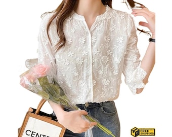 Katoenen kanten blouse dames, wit geborduurd shirt met korte mouw Zomer casual tops Mode elegante bloemen damesblouses