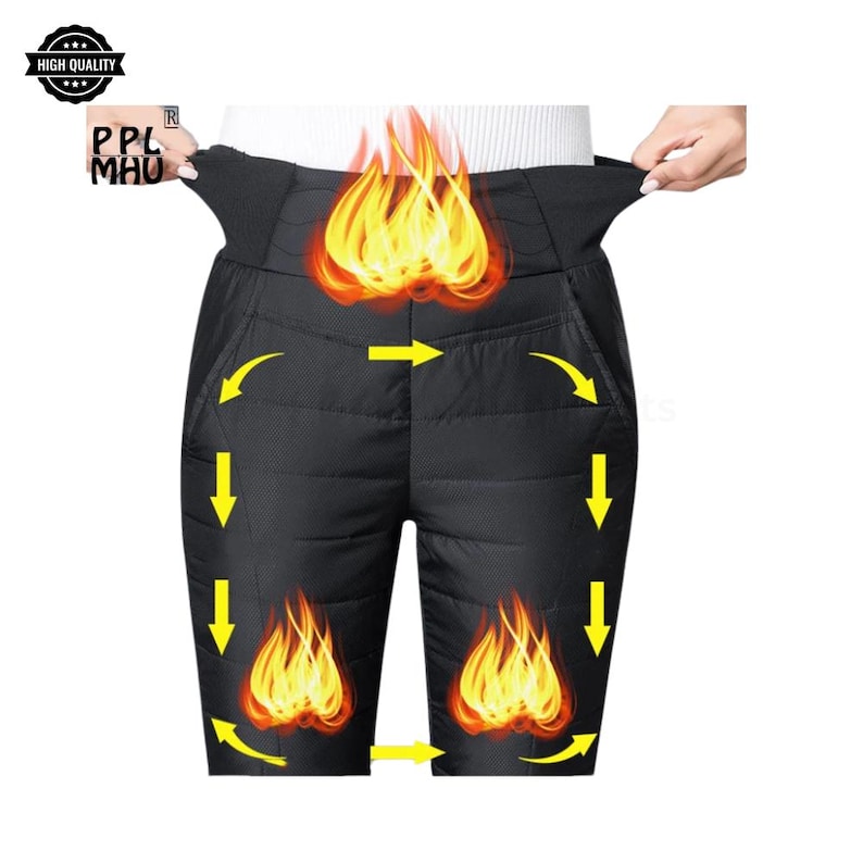 Pode incluir: Cal&ccedil;as pretas isoladas com cintura alta. A imagem apresenta setas amarelas e chamas sobrepostas nas cal&ccedil;as. O texto "PPL MHU" e "HIGH QUALITY" s&atilde;o vis&iacute;veis no canto superior esquerdo.