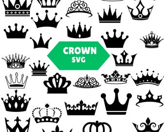 May include: A collection of black crown silhouettes in various shapes and styles, including tiaras and royal headpieces. A central green hexagon contains the white text CROWN SVG. The graphic elements are arranged in a grid-like pattern.