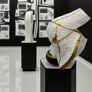 Modern Kintsugi Upside Down Sculpture - Japanese Pottery with Gold Repair - Hand Painted White Ceramic - Detachable Base - (W) 8in (H) 5.5in