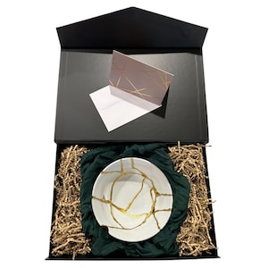 Modern Kintsugi Rice Bowl - Gift Presentation Box - Broken + Repaired Japanese Pottery - Hand Painted Gold - White Porcelain - (D) 7in