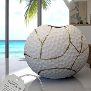 Modern Kintsugi Beehive Vase - Japanese Pottery with Gold Repair - Hand Painted Smooth Eggshell Ceramic - Thailand (W) 7.25in (H) 6.5in