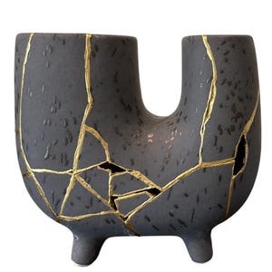 Modern Kintsugi Haiiro Vase - Japanese Pottery with Gold Repair - Japandi Decor - Hand Painted - Rough Texture - Charcoal (H) 8in (W) 8.75in